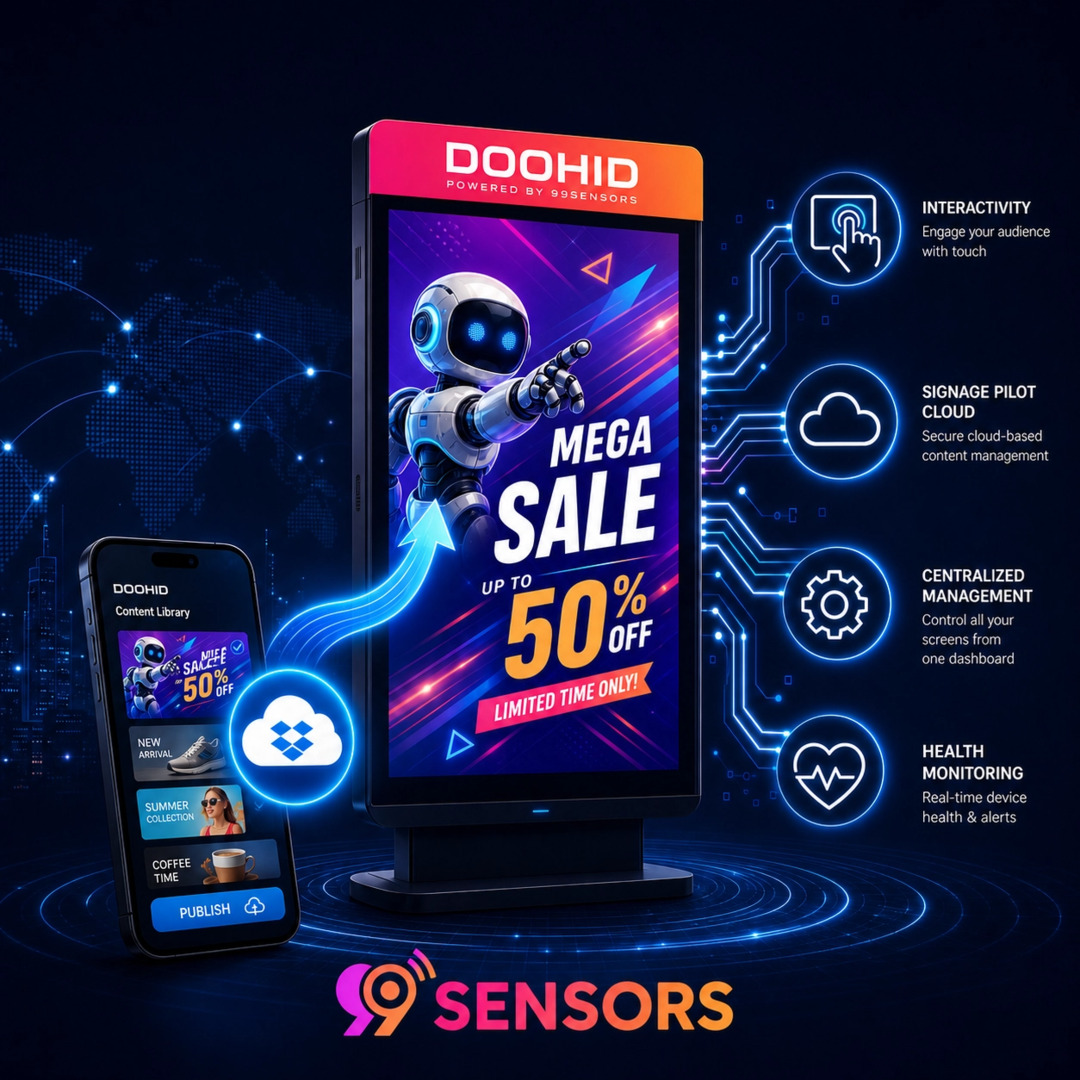 DOOHid digital signage stele with content library on a phone, cloud sync and device health icons